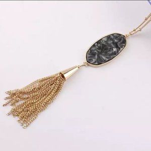 Long Pendant Tassle Necklace Black Onyx and Gold